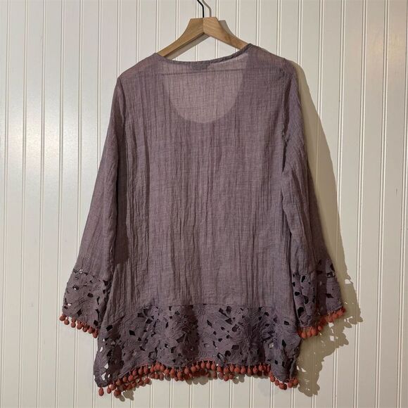 Retro Threads Boho Tunic Top Women’s L Purple Crochet Bell Sleeve Blouse - Picture 3 of 9